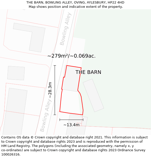 THE BARN, BOWLING ALLEY, OVING, AYLESBURY, HP22 4HD: Plot and title map
