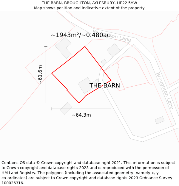 THE BARN, BROUGHTON, AYLESBURY, HP22 5AW: Plot and title map