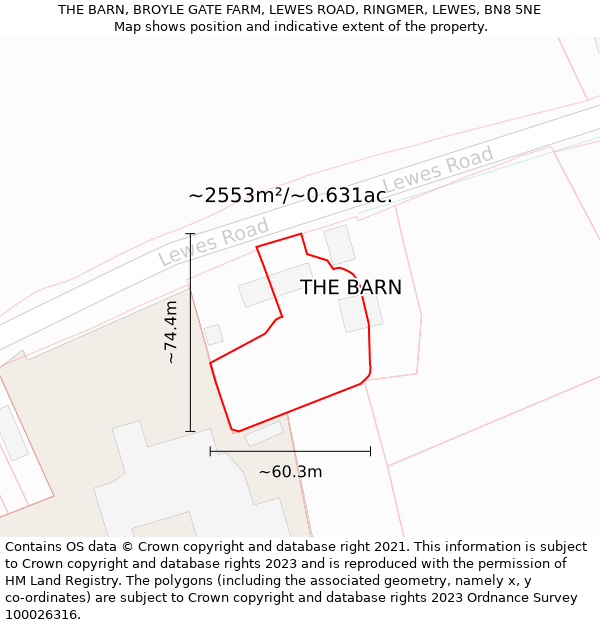 THE BARN, BROYLE GATE FARM, LEWES ROAD, RINGMER, LEWES, BN8 5NE: Plot and title map