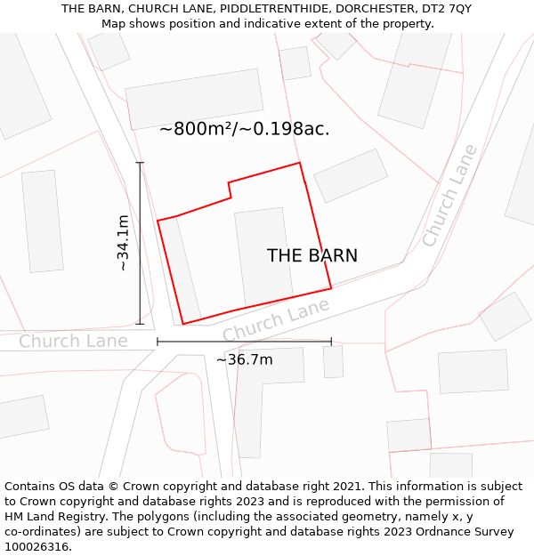 THE BARN, CHURCH LANE, PIDDLETRENTHIDE, DORCHESTER, DT2 7QY: Plot and title map