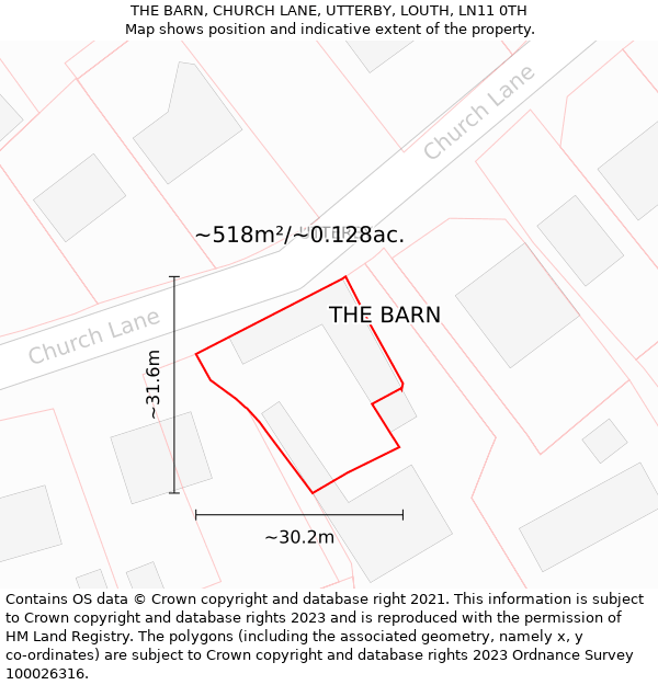 THE BARN, CHURCH LANE, UTTERBY, LOUTH, LN11 0TH: Plot and title map