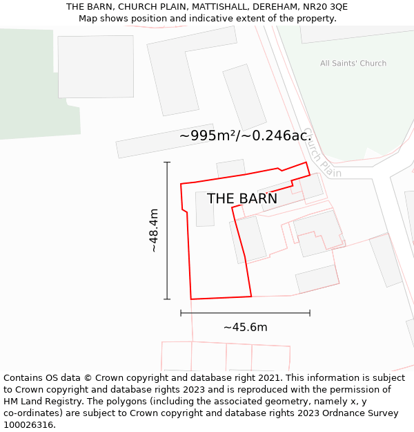 THE BARN, CHURCH PLAIN, MATTISHALL, DEREHAM, NR20 3QE: Plot and title map