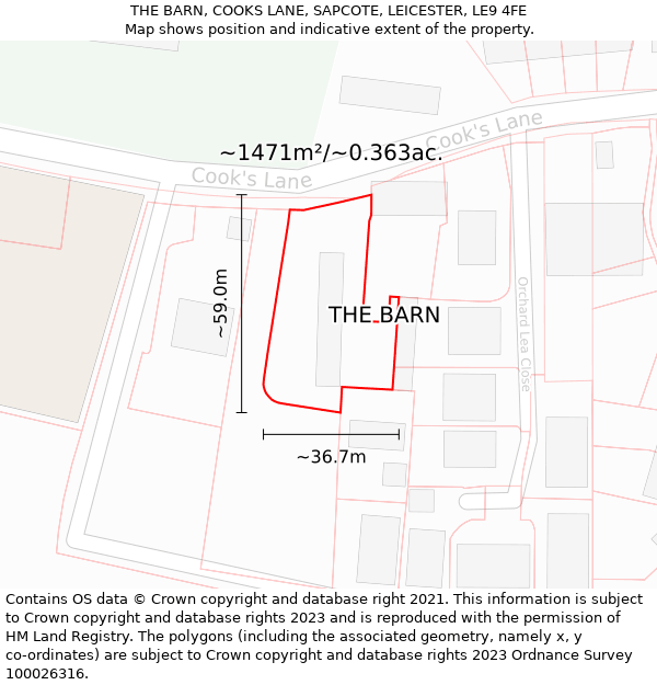THE BARN, COOKS LANE, SAPCOTE, LEICESTER, LE9 4FE: Plot and title map