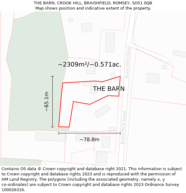 THE BARN, CROOK HILL, BRAISHFIELD, ROMSEY, SO51 0QB: Plot and title map