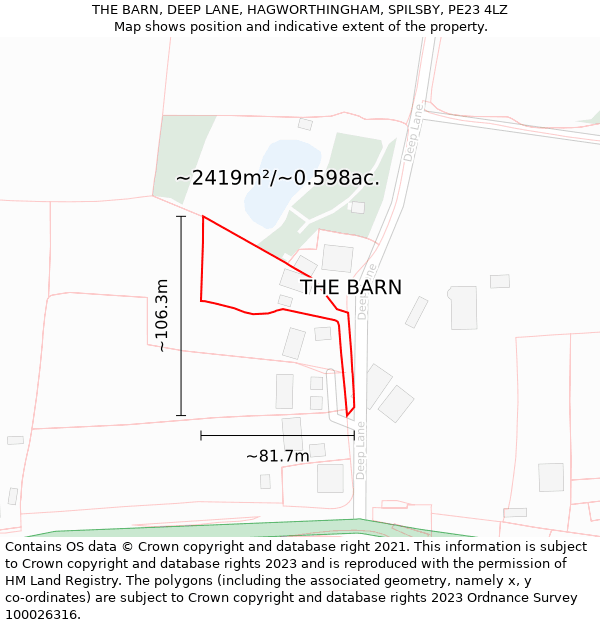 THE BARN, DEEP LANE, HAGWORTHINGHAM, SPILSBY, PE23 4LZ: Plot and title map