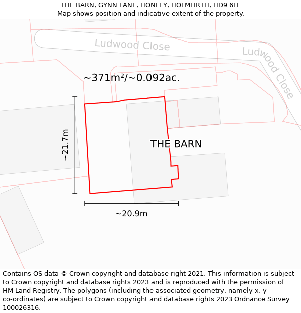 THE BARN, GYNN LANE, HONLEY, HOLMFIRTH, HD9 6LF: Plot and title map