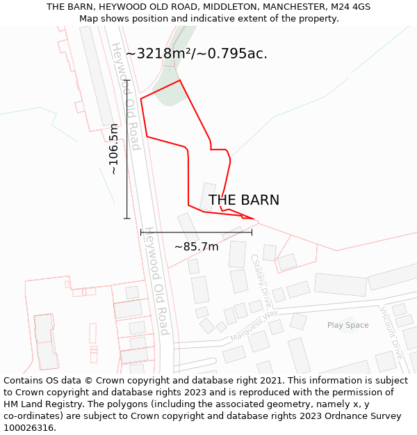 THE BARN, HEYWOOD OLD ROAD, MIDDLETON, MANCHESTER, M24 4GS: Plot and title map