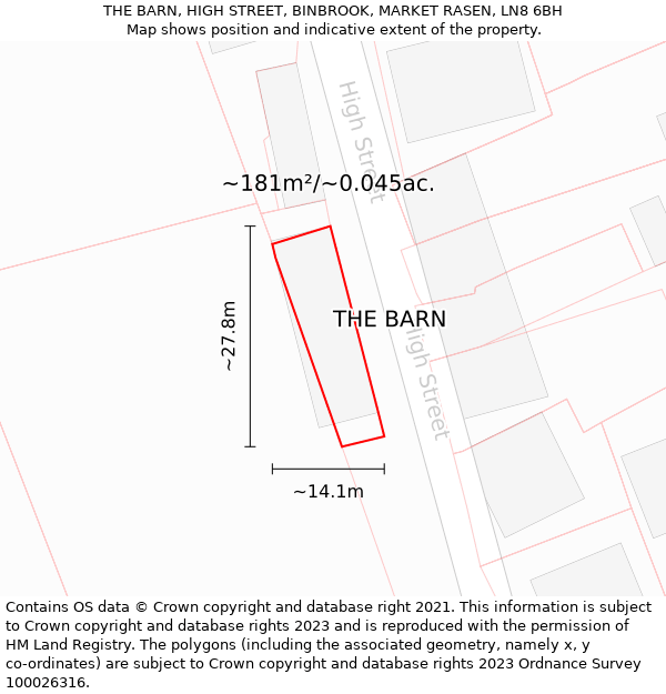 THE BARN, HIGH STREET, BINBROOK, MARKET RASEN, LN8 6BH: Plot and title map