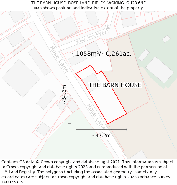 THE BARN HOUSE, ROSE LANE, RIPLEY, WOKING, GU23 6NE: Plot and title map