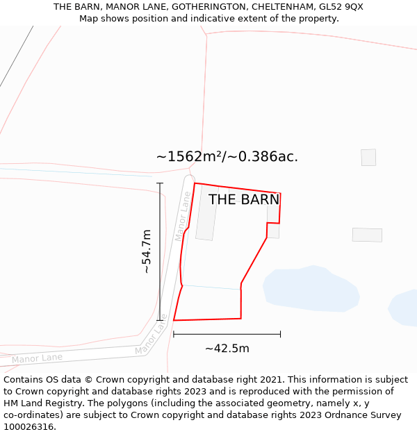 THE BARN, MANOR LANE, GOTHERINGTON, CHELTENHAM, GL52 9QX: Plot and title map