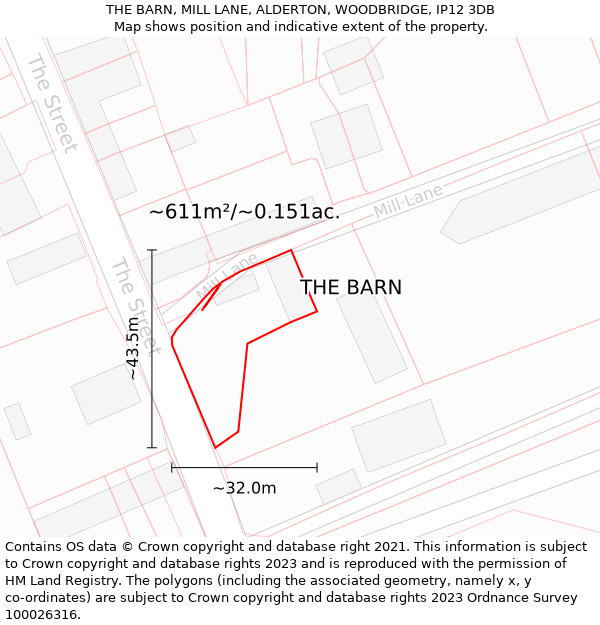 THE BARN, MILL LANE, ALDERTON, WOODBRIDGE, IP12 3DB: Plot and title map