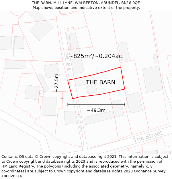 THE BARN, MILL LANE, WALBERTON, ARUNDEL, BN18 0QE: Plot and title map