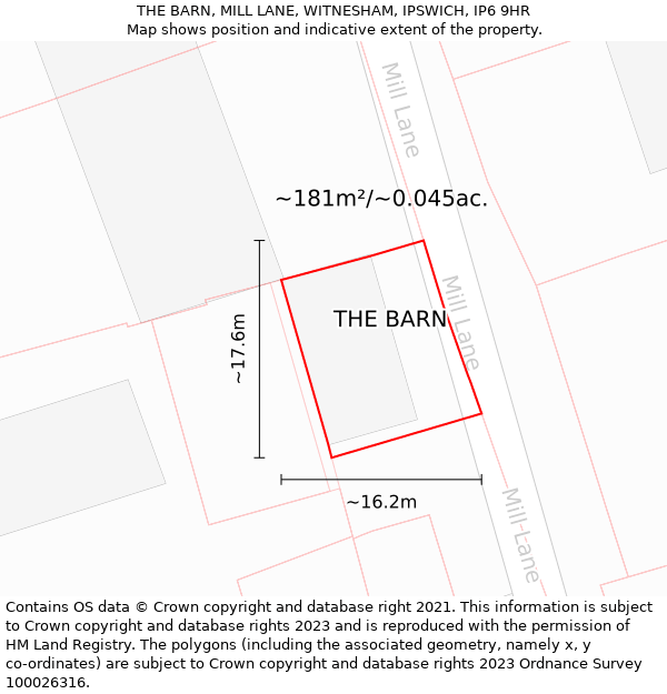 THE BARN, MILL LANE, WITNESHAM, IPSWICH, IP6 9HR: Plot and title map