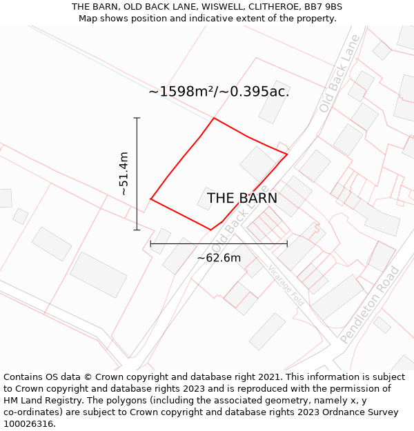THE BARN, OLD BACK LANE, WISWELL, CLITHEROE, BB7 9BS: Plot and title map