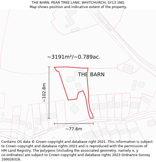 THE BARN, PEAR TREE LANE, WHITCHURCH, SY13 1NG: Plot and title map