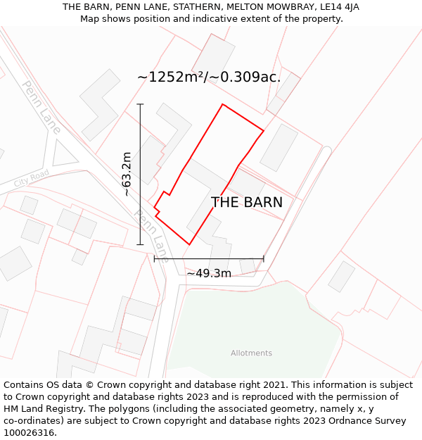 THE BARN, PENN LANE, STATHERN, MELTON MOWBRAY, LE14 4JA: Plot and title map