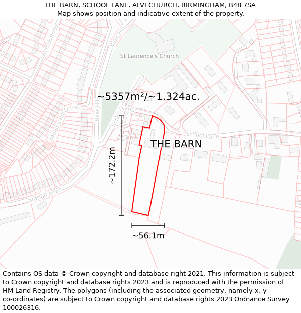 THE BARN, SCHOOL LANE, ALVECHURCH, BIRMINGHAM, B48 7SA: Plot and title map