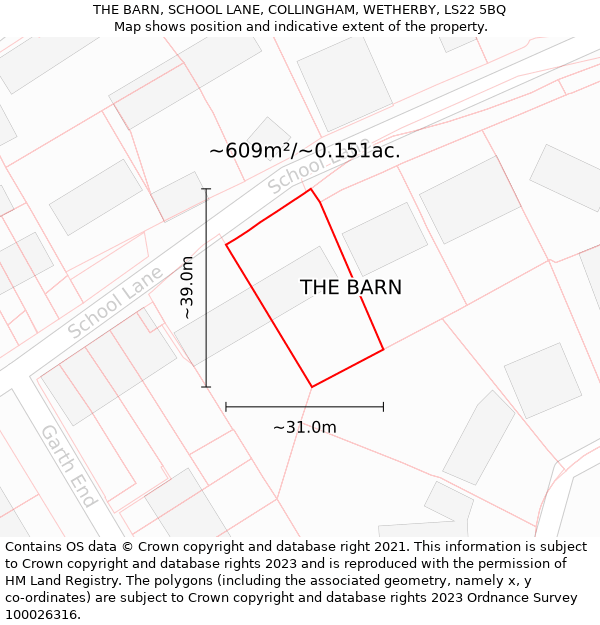 THE BARN, SCHOOL LANE, COLLINGHAM, WETHERBY, LS22 5BQ: Plot and title map