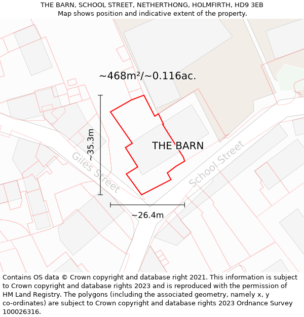 THE BARN, SCHOOL STREET, NETHERTHONG, HOLMFIRTH, HD9 3EB: Plot and title map