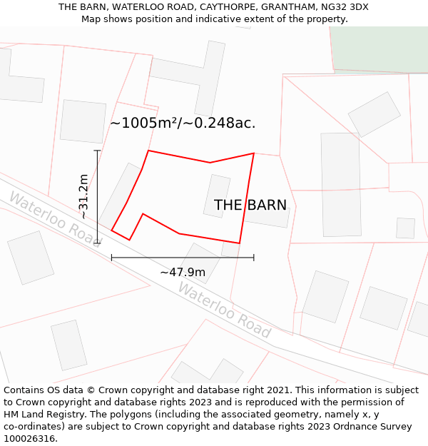 THE BARN, WATERLOO ROAD, CAYTHORPE, GRANTHAM, NG32 3DX: Plot and title map