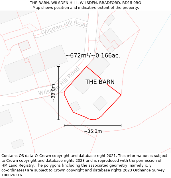 THE BARN, WILSDEN HILL, WILSDEN, BRADFORD, BD15 0BG: Plot and title map