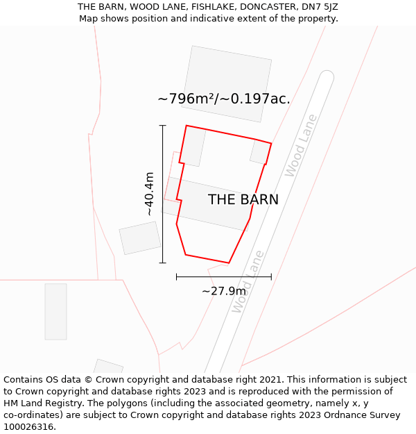 THE BARN, WOOD LANE, FISHLAKE, DONCASTER, DN7 5JZ: Plot and title map