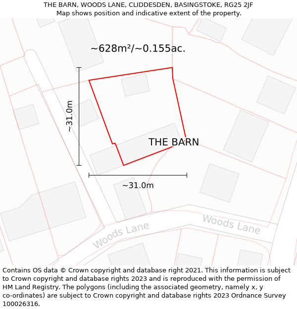 THE BARN, WOODS LANE, CLIDDESDEN, BASINGSTOKE, RG25 2JF: Plot and title map