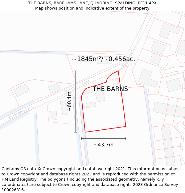 THE BARNS, BAREHAMS LANE, QUADRING, SPALDING, PE11 4PX: Plot and title map