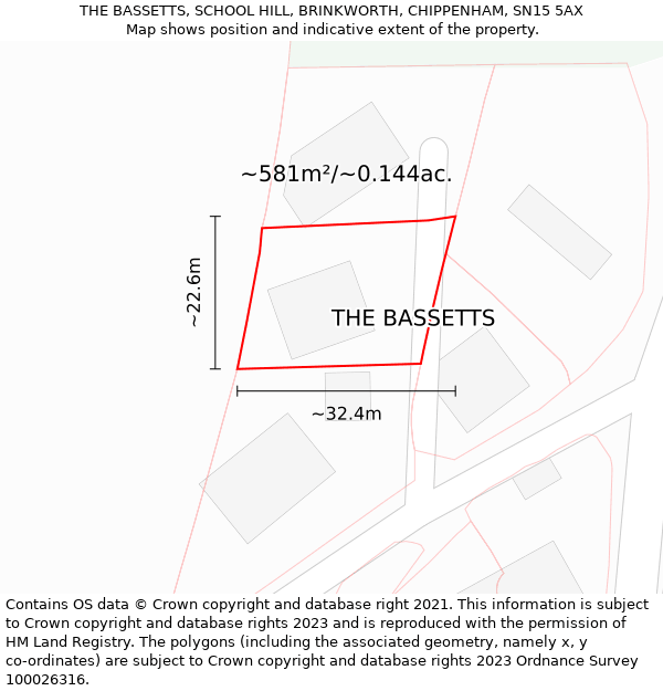 THE BASSETTS, SCHOOL HILL, BRINKWORTH, CHIPPENHAM, SN15 5AX: Plot and title map