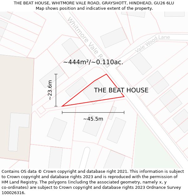 THE BEAT HOUSE, WHITMORE VALE ROAD, GRAYSHOTT, HINDHEAD, GU26 6LU: Plot and title map