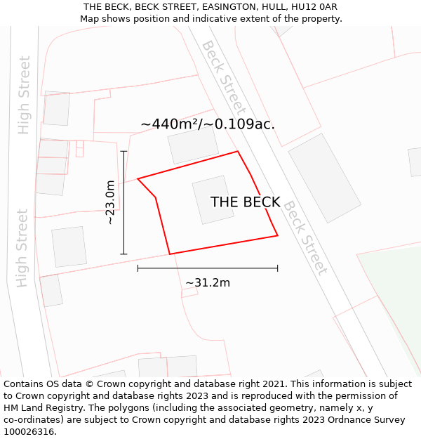 THE BECK, BECK STREET, EASINGTON, HULL, HU12 0AR: Plot and title map