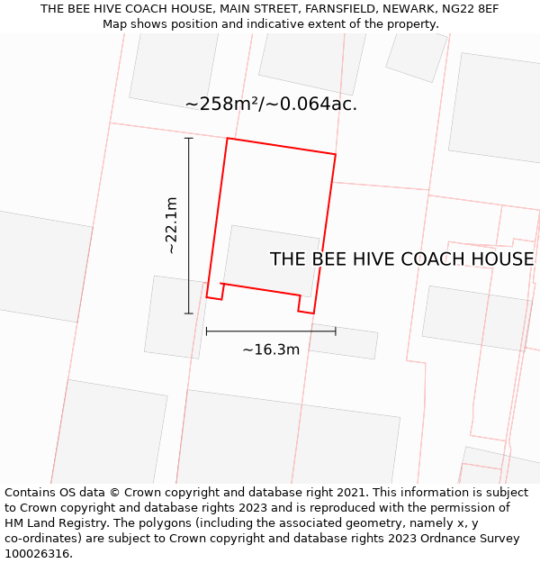 THE BEE HIVE COACH HOUSE, MAIN STREET, FARNSFIELD, NEWARK, NG22 8EF: Plot and title map