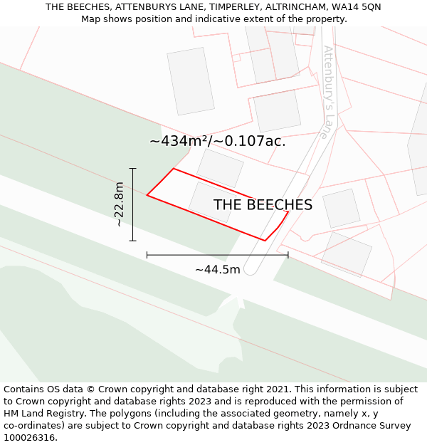 THE BEECHES, ATTENBURYS LANE, TIMPERLEY, ALTRINCHAM, WA14 5QN: Plot and title map