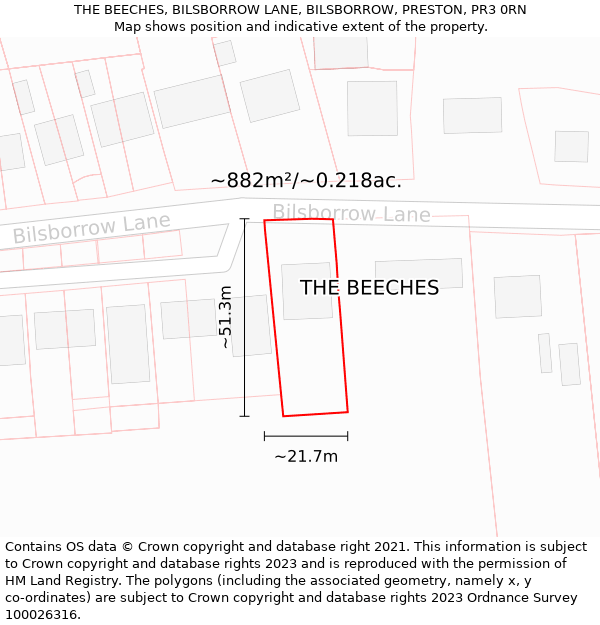 THE BEECHES, BILSBORROW LANE, BILSBORROW, PRESTON, PR3 0RN: Plot and title map