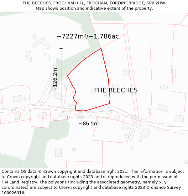 THE BEECHES, FROGHAM HILL, FROGHAM, FORDINGBRIDGE, SP6 2HW: Plot and title map