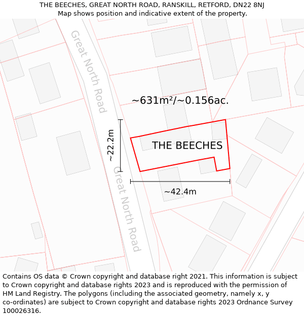 THE BEECHES, GREAT NORTH ROAD, RANSKILL, RETFORD, DN22 8NJ: Plot and title map