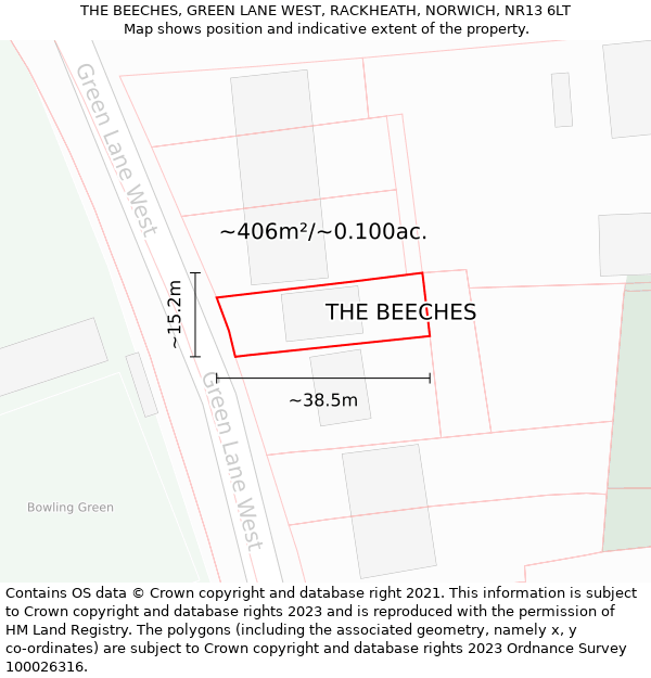 THE BEECHES, GREEN LANE WEST, RACKHEATH, NORWICH, NR13 6LT: Plot and title map