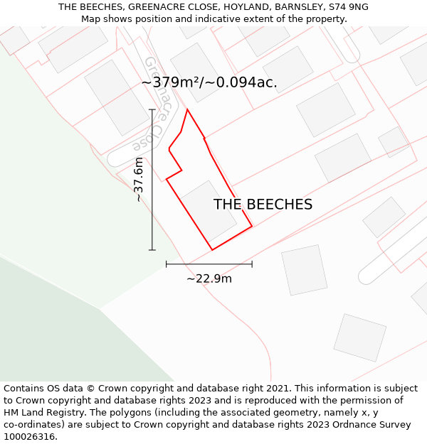 THE BEECHES, GREENACRE CLOSE, HOYLAND, BARNSLEY, S74 9NG: Plot and title map