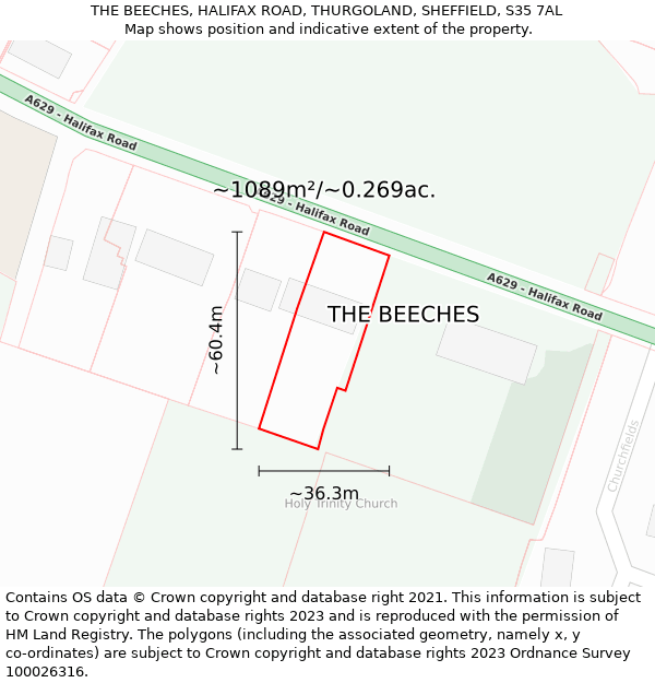 THE BEECHES, HALIFAX ROAD, THURGOLAND, SHEFFIELD, S35 7AL: Plot and title map