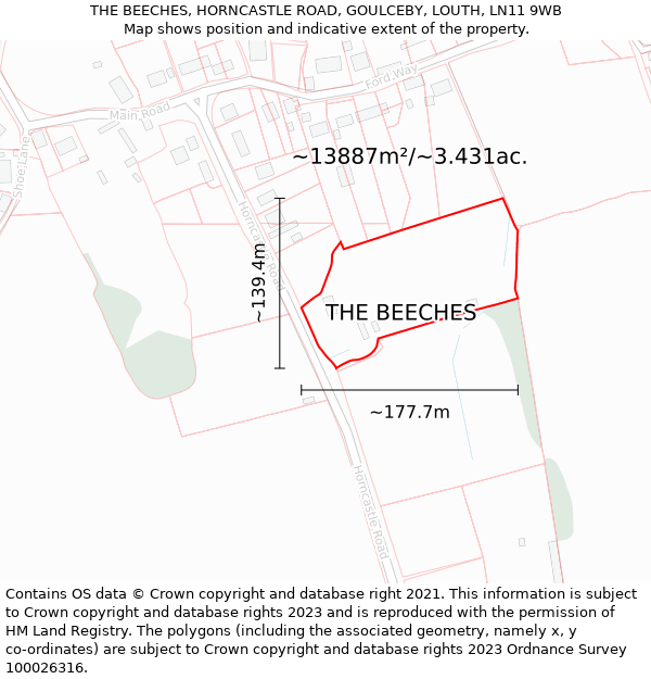 THE BEECHES, HORNCASTLE ROAD, GOULCEBY, LOUTH, LN11 9WB: Plot and title map