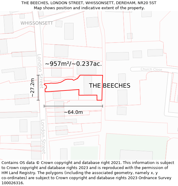 THE BEECHES, LONDON STREET, WHISSONSETT, DEREHAM, NR20 5ST: Plot and title map