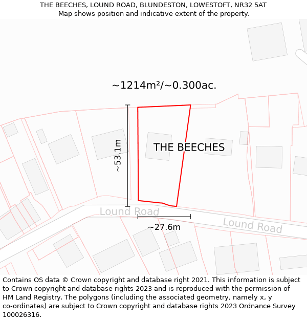 THE BEECHES, LOUND ROAD, BLUNDESTON, LOWESTOFT, NR32 5AT: Plot and title map