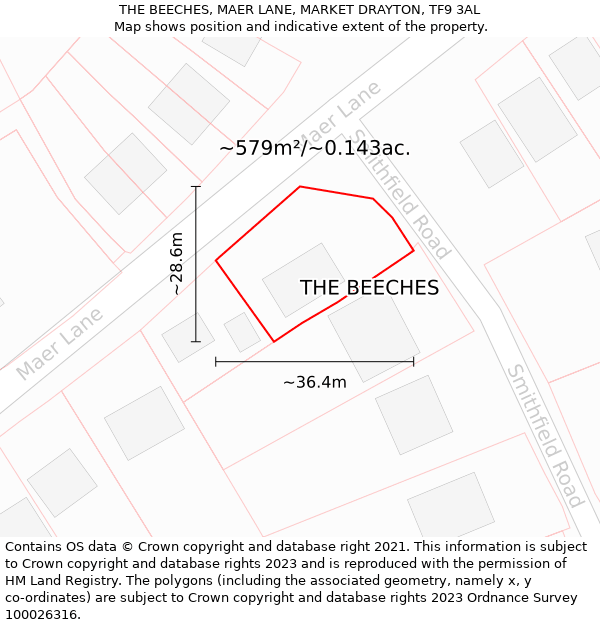 THE BEECHES, MAER LANE, MARKET DRAYTON, TF9 3AL: Plot and title map