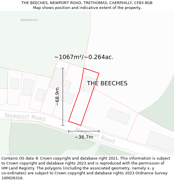THE BEECHES, NEWPORT ROAD, TRETHOMAS, CAERPHILLY, CF83 8GB: Plot and title map