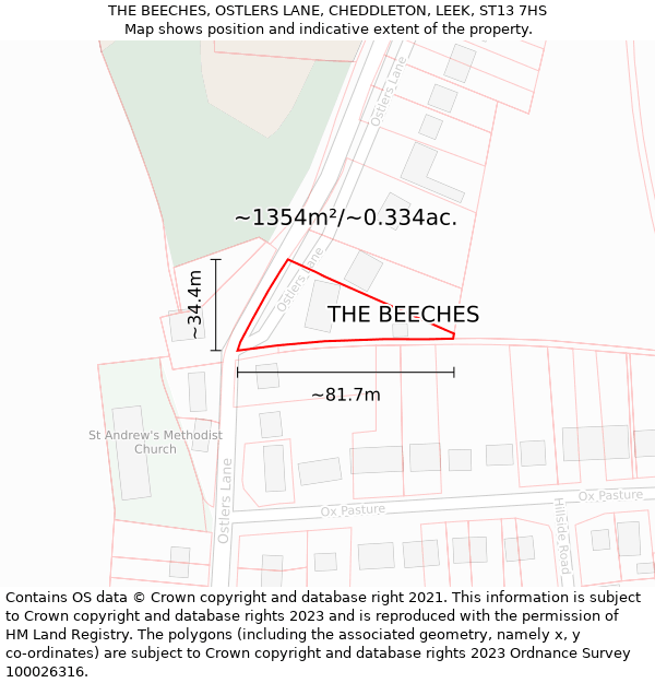 THE BEECHES, OSTLERS LANE, CHEDDLETON, LEEK, ST13 7HS: Plot and title map