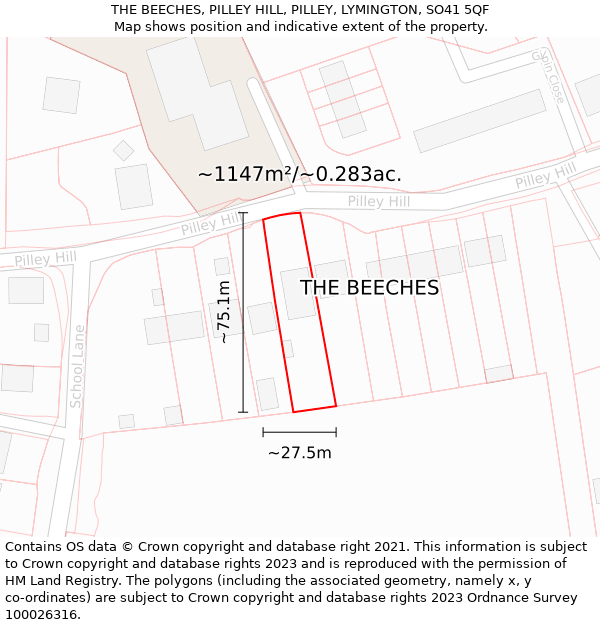 THE BEECHES, PILLEY HILL, PILLEY, LYMINGTON, SO41 5QF: Plot and title map