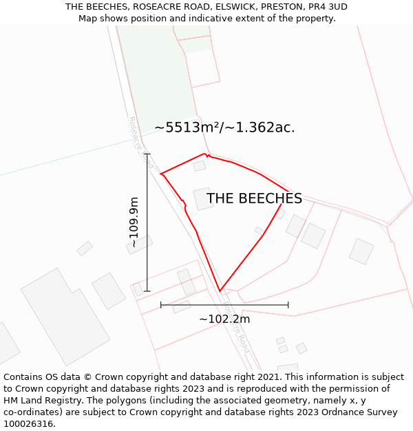 THE BEECHES, ROSEACRE ROAD, ELSWICK, PRESTON, PR4 3UD: Plot and title map