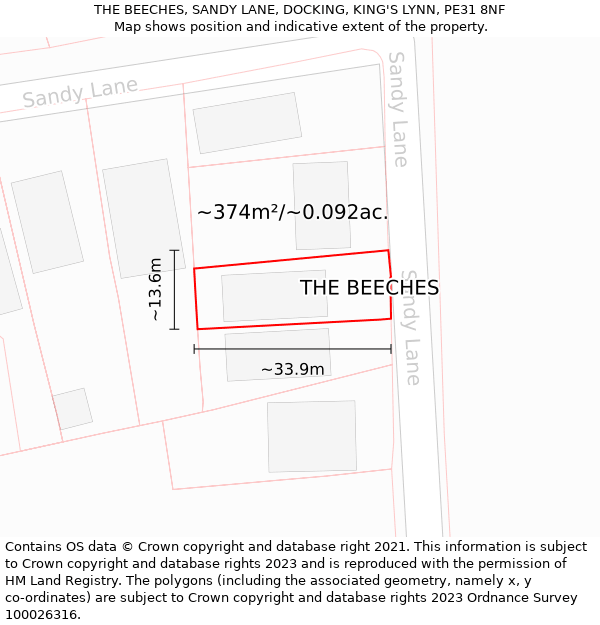 THE BEECHES, SANDY LANE, DOCKING, KING'S LYNN, PE31 8NF: Plot and title map