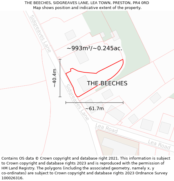 THE BEECHES, SIDGREAVES LANE, LEA TOWN, PRESTON, PR4 0RD: Plot and title map