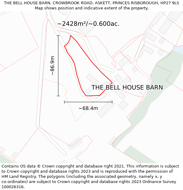 THE BELL HOUSE BARN, CROWBROOK ROAD, ASKETT, PRINCES RISBOROUGH, HP27 9LS: Plot and title map